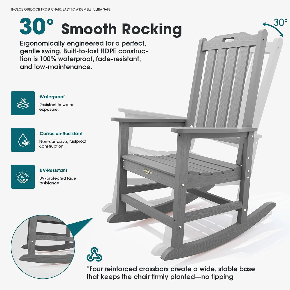 THOEOE Outdoor Rocking Chairs, Oversized Patio Rocking Chair | HDPE Outdoor Rockers for Front Porch, Patio, Backyard, Balcony and Garden. All-Weather High Back Design, Gray