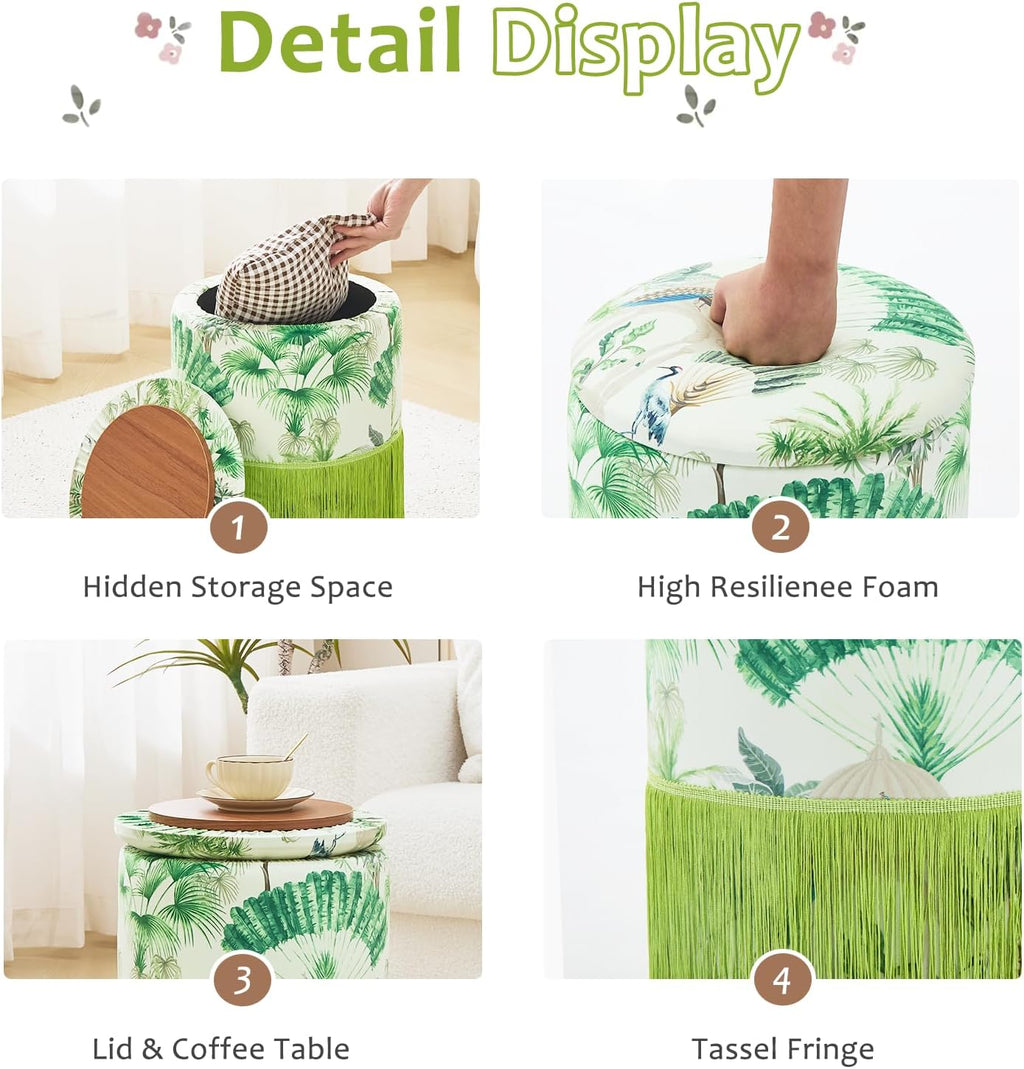 Round Fringe Ottoman with Storage, Farmhouse Tassel Velvet Footrest Stool, Flip Top Vanity Ottoman Chair for Living Room Bedroom