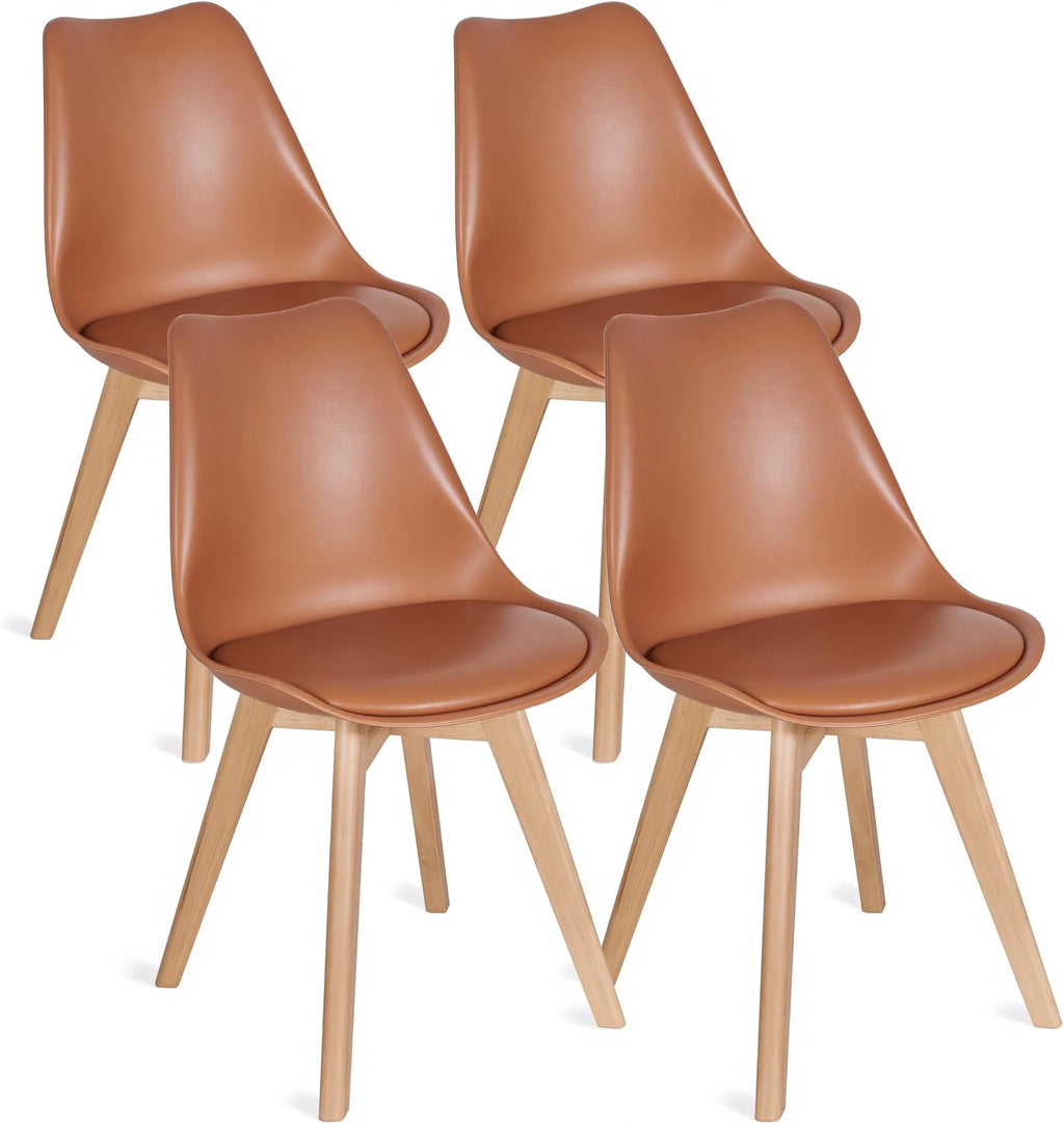 VECELO Dining Chairs Set of 4, Mid-Century Modern Kitchen & Dining Room Chairs, PU Leather Upholstered Seat, Solid Wood Legs, Armless, Non-Slip Feet, Orange