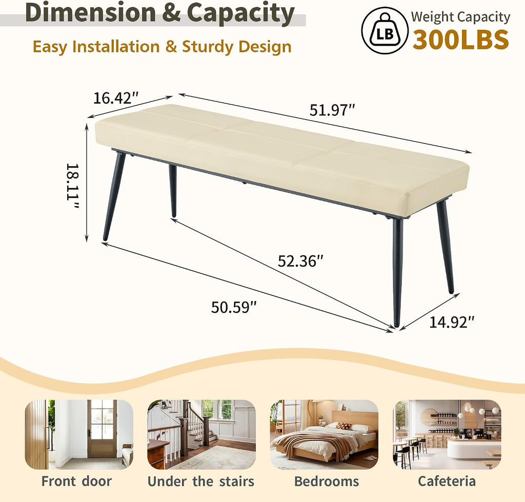 Modern Upholstered Dining Bench for 2-3, Leather Bench with High-Resilience Sponge Cushion, Reinforced Center Beam, Electroplated Arched Metal Legs, Entryway Bedroom Dining Room Bench, Beige