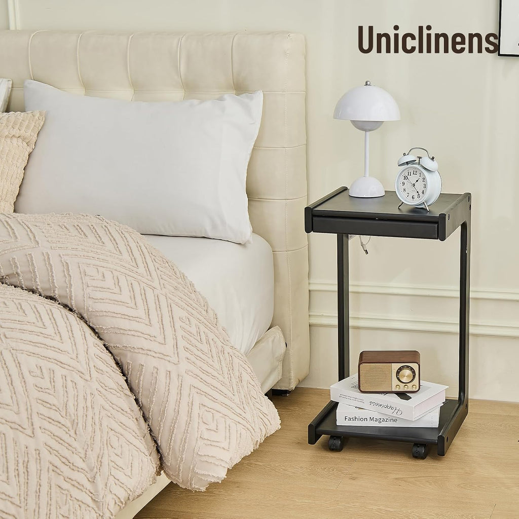 Uniclinens Rolling Side Table for Sofa - C Shape Couch End Table with Wheels, Mobile Wooden Slim Sofa Tray, Movable Small Couch Desk for Living Room Bedroom, Black