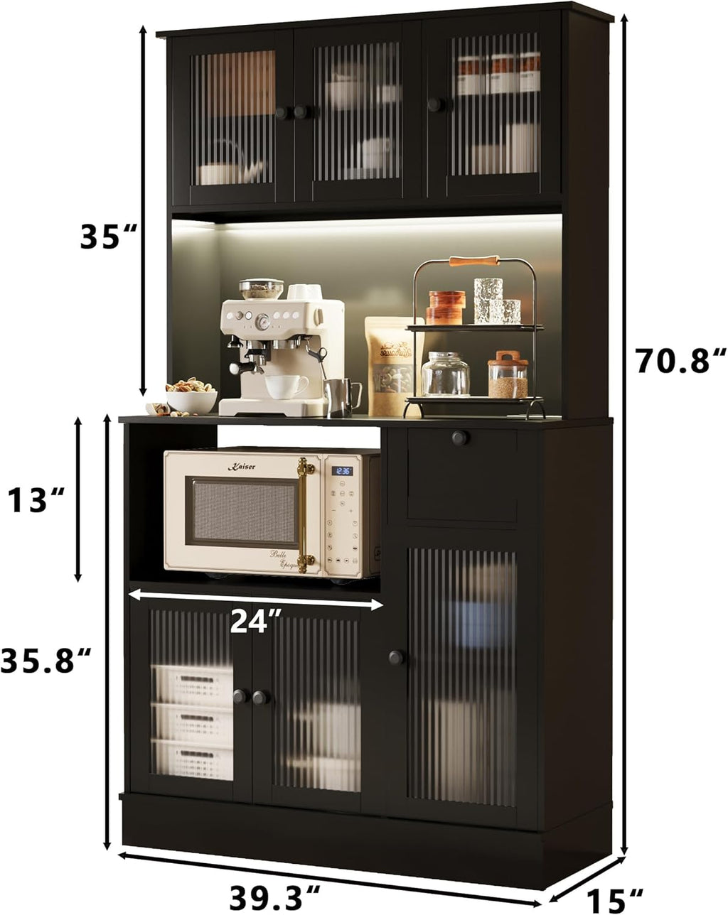 71" Kitchen Hutch Cabinet with Storage for Living & Dining Room, Kitchen Pantry Cabinet with LED Light & Outlet, All Black