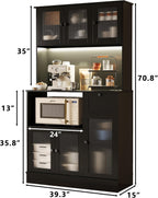 71" Kitchen Hutch Cabinet with Storage for Living & Dining Room, Kitchen Pantry Cabinet with LED Light & Outlet, All Black