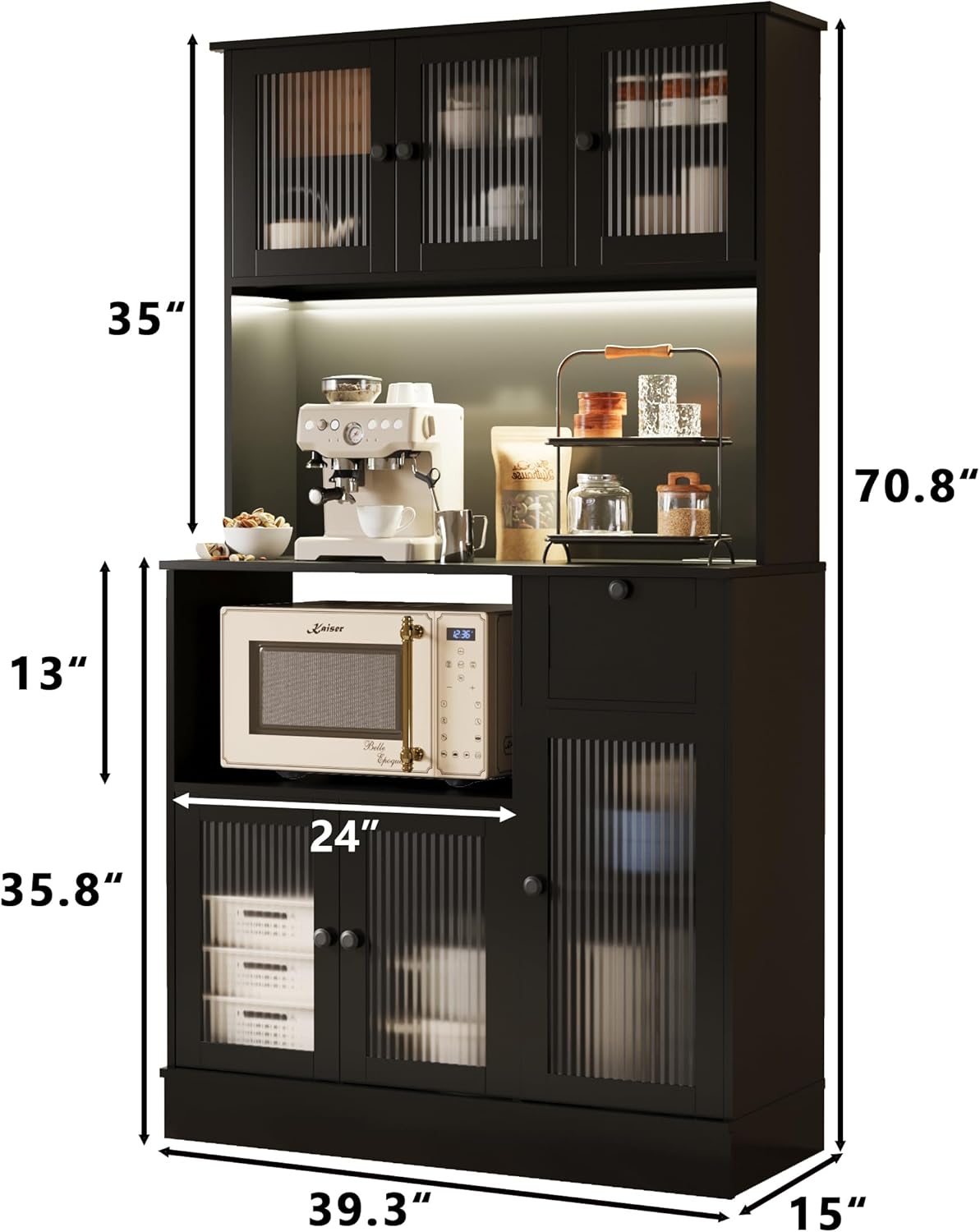 71" Kitchen Hutch Cabinet with Storage for Living & Dining Room, Kitchen Pantry Cabinet with LED Light & Outlet, All Black