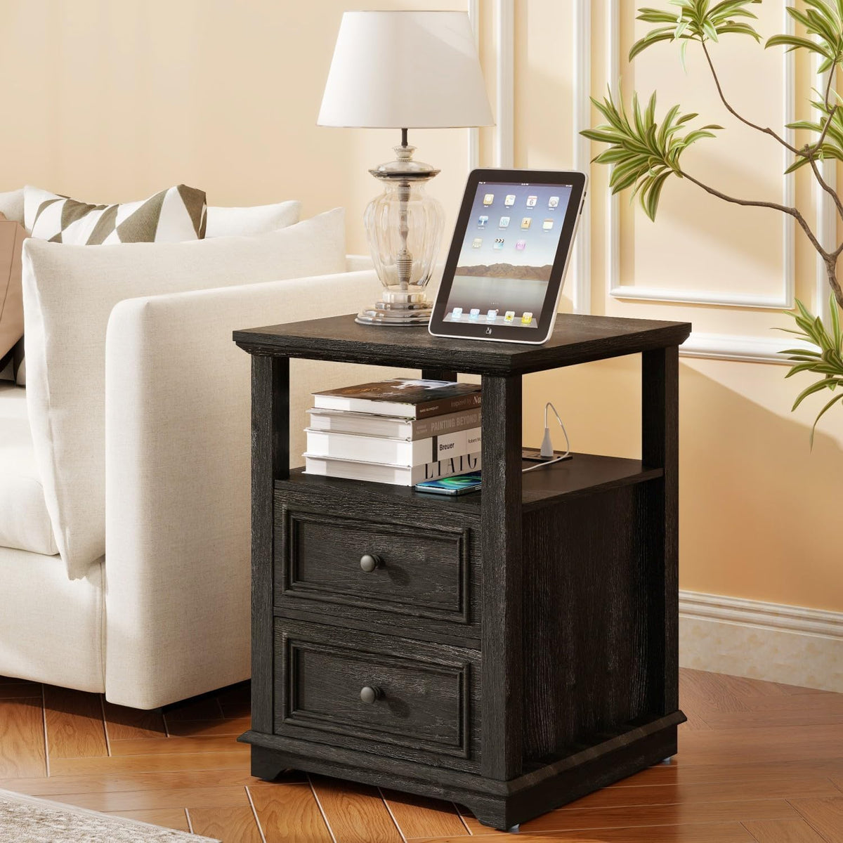 MUUEGM Farmhouse Nightstand 18” Brown End Table with Charging Station Rustic Wood Tall Bedside Table with 2 Drawers Storage Small Dresser Open Shelf for Bedroom, Living Room, Closet