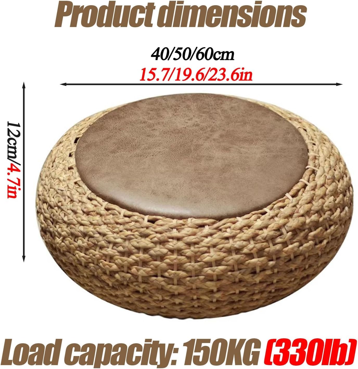 Round Straw Knitted Pouf, Foot Stool Leather Roof Steel Frame Stuffed Futon,for The Living Room Bedroom and Outdoor Seat(50cm/19.6in)