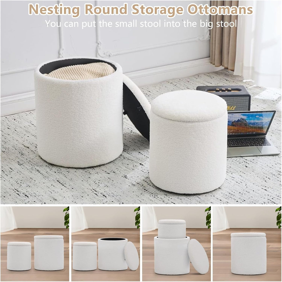oakvivo Round Set of 2 Ottoman with Storage, Boucle Storage Ottoman Foot Stool, Soft Teddy Upholstered Small Vanity Stool, Ottomans Padded Seat Foot Rest for Living Room Bedroom, White