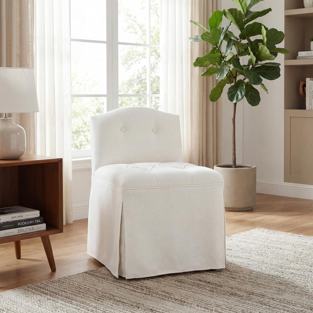 White Tufted Makeup Vanity Chair with Wheels, Small Upholstered Skirted Slipper Accent Chair with Low Back & Metal Legs, Armless Rolling Vanity Stool Desk Chair for Living Room Bedroom