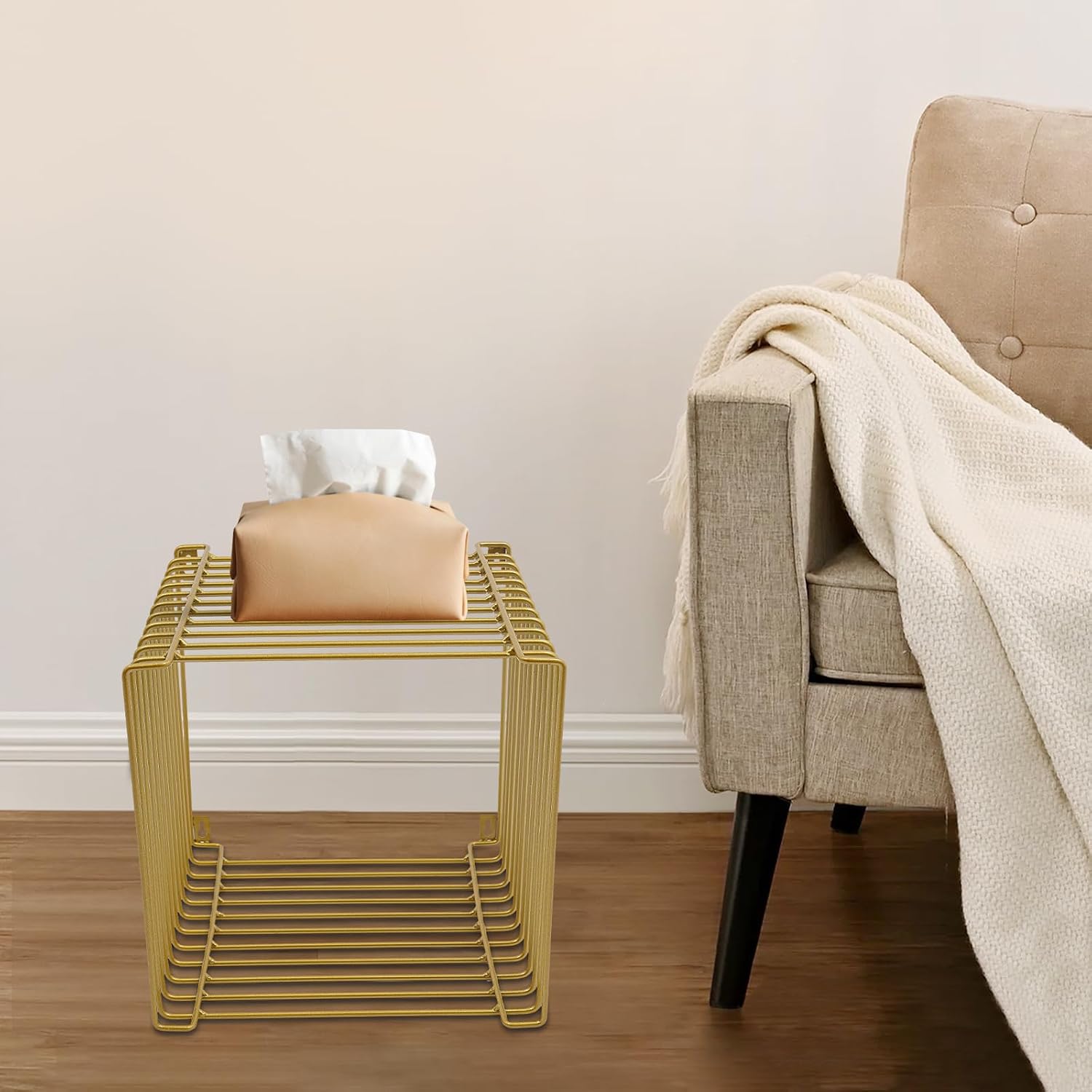 Retro Side Table, Industrial Night Stand, Wire Cube Storage Rack, Coffee Table, Small End Tables, Iron Multi-Purpose Desktop Shelf for Compact Spaces, Living Room Bedroom (Gold, 11.81in)