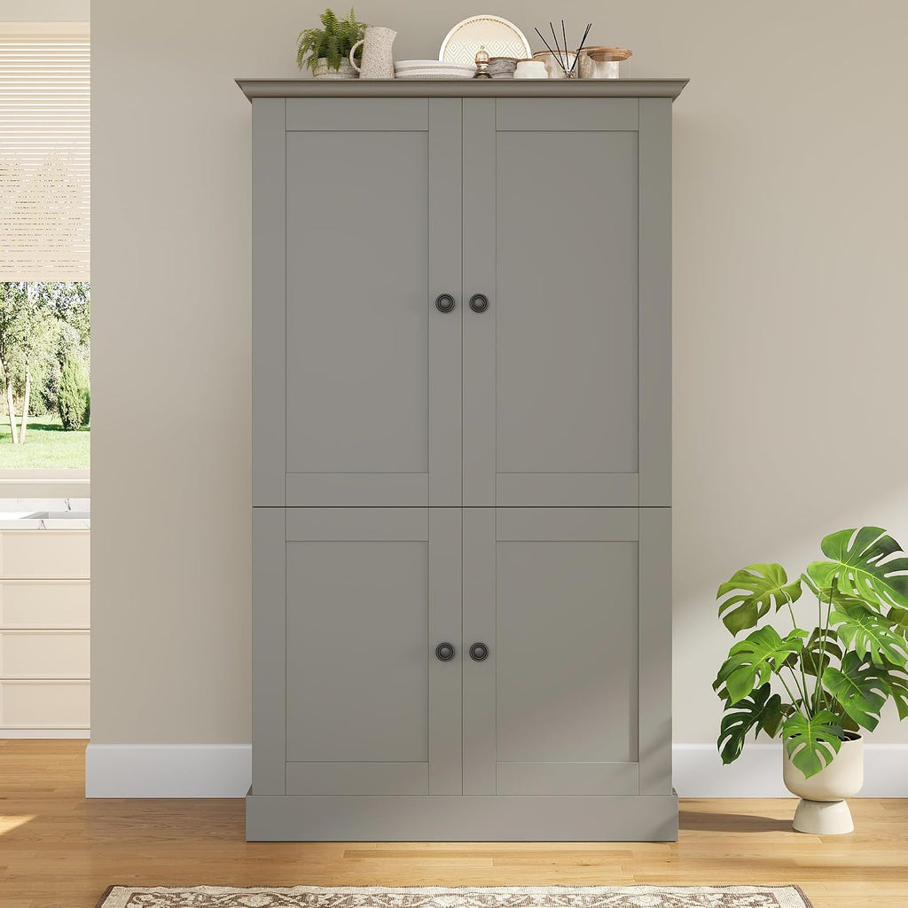 Freestanding Kitchen Pantry,Tall Storage Workstation with 4 Doors, 6 Door Shelves, Removable Shelves and 6 Wine Racks for Dining Room (Grey-FK)