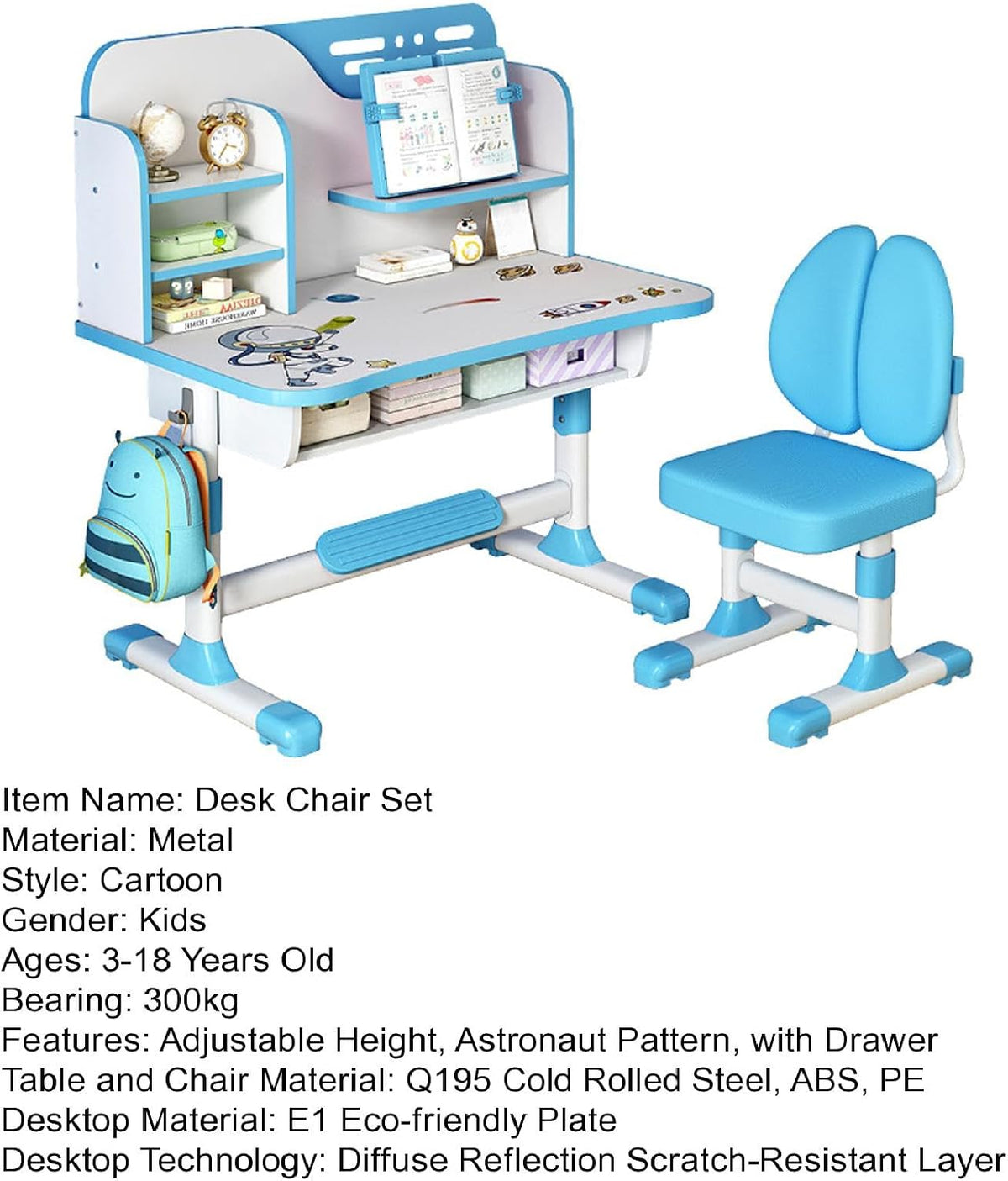 Upgraded Kid's Desk and Chair Set, Adjustable Children's Study Table with Bookshelf and Storage Drawer, 50-Degree Tiltable Desktop with Chair for Bedroom (Blue1 111cm)