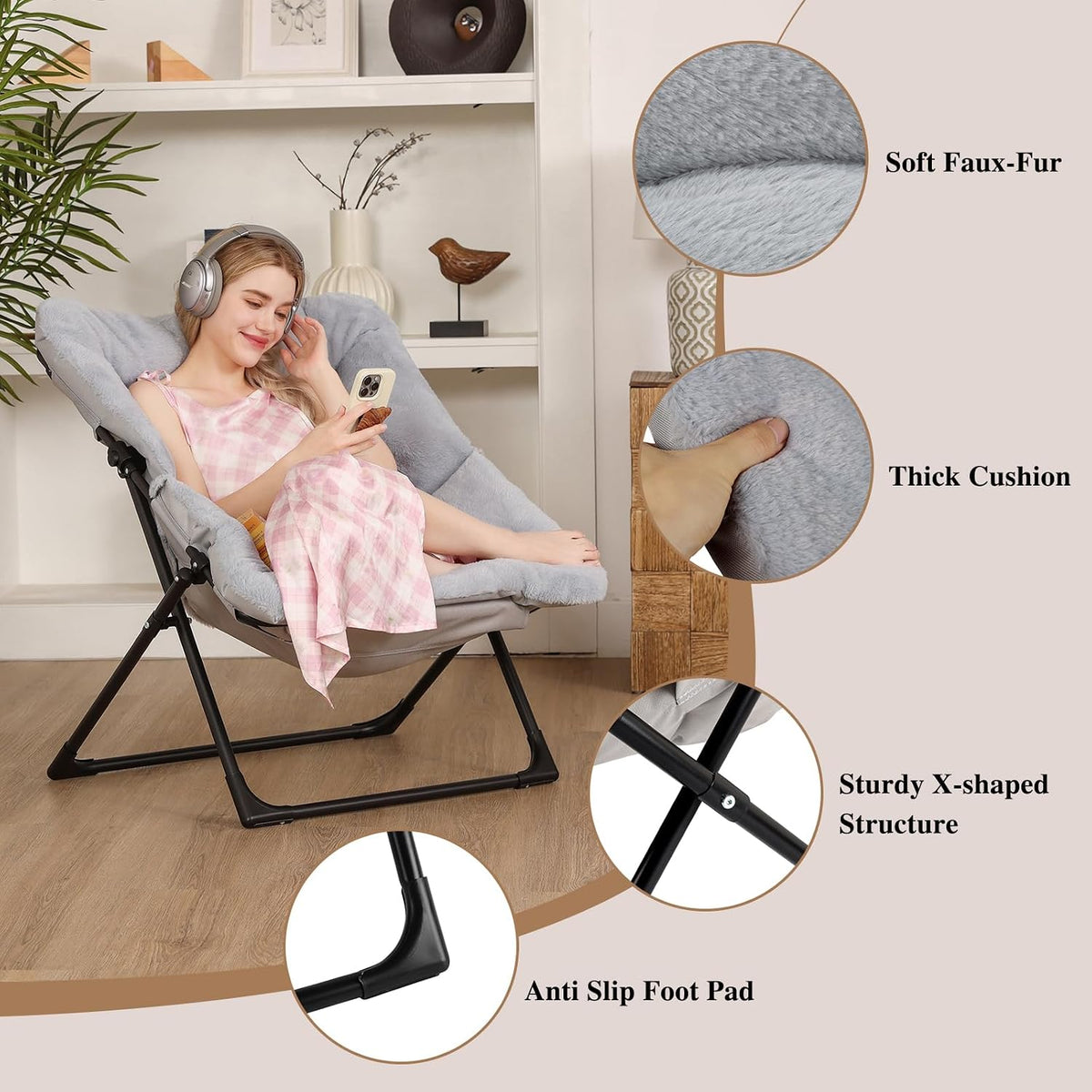 Comfy Saucer Chair for Adults, Set of 2, Soft Faux Fur Bedroom Chair, Accent Dorm Chairs, Flexible Living Room Reading Chairs, Oversized Folding Seat for Teens, X-Large, Grey
