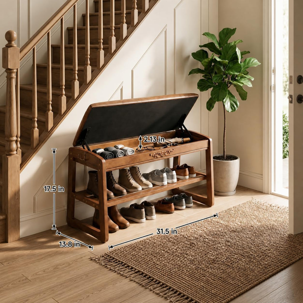 Shoe Rack Bench,2 Tiers Shoe Bench with Storage with Flip-Top,Wood Shoe Rack for Entryway,Hallway(Solid Upholstered Seat,31.5")