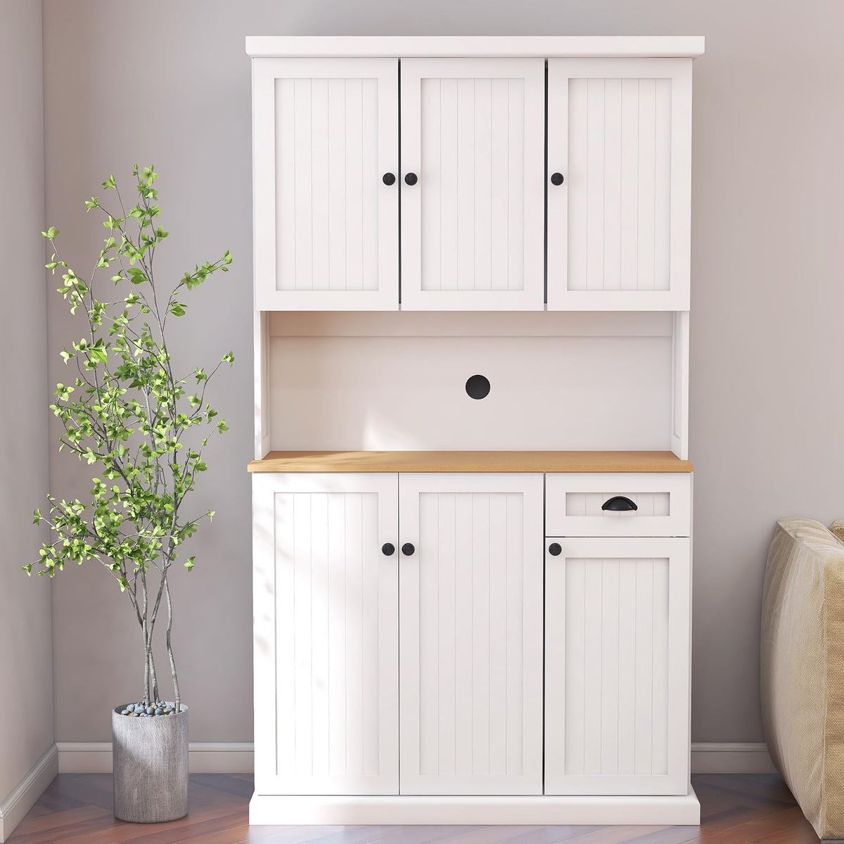 71" Tall Farmhouse Kitchen Pantry,Tall Kitchen Pantry with Microwave Oven Countertop,Freestanding Pantry Cabinet,Wood Pantry Storage Cabinet with Adjustable Shelves, 6 Doors and 1 Drawer