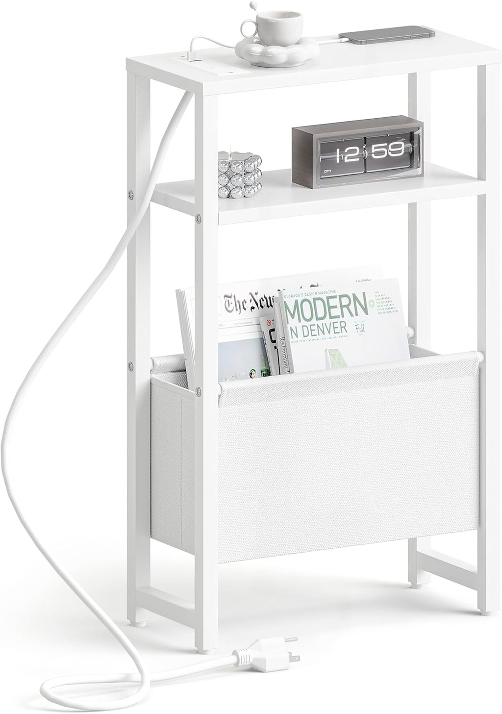Narrow Side Table with Charging Station Slim End Table Sofa with Magazine Rack, Bedside Table for Small Spaces, 3 Tier Nightstand for Living Room Couch, Bedroom White LET503WE