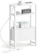Narrow Side Table with Charging Station Slim End Table Sofa with Magazine Rack, Bedside Table for Small Spaces, 3 Tier Nightstand for Living Room Couch, Bedroom White LET503WE