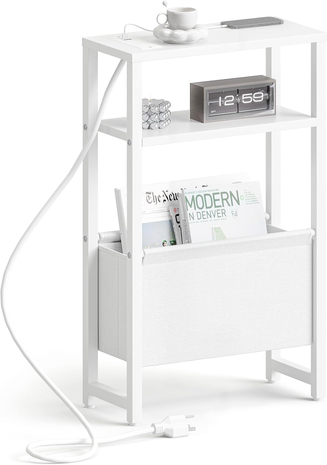 Narrow Side Table with Charging Station Slim End Table Sofa with Magazine Rack, Bedside Table for Small Spaces, 3 Tier Nightstand for Living Room Couch, Bedroom White LET503WE