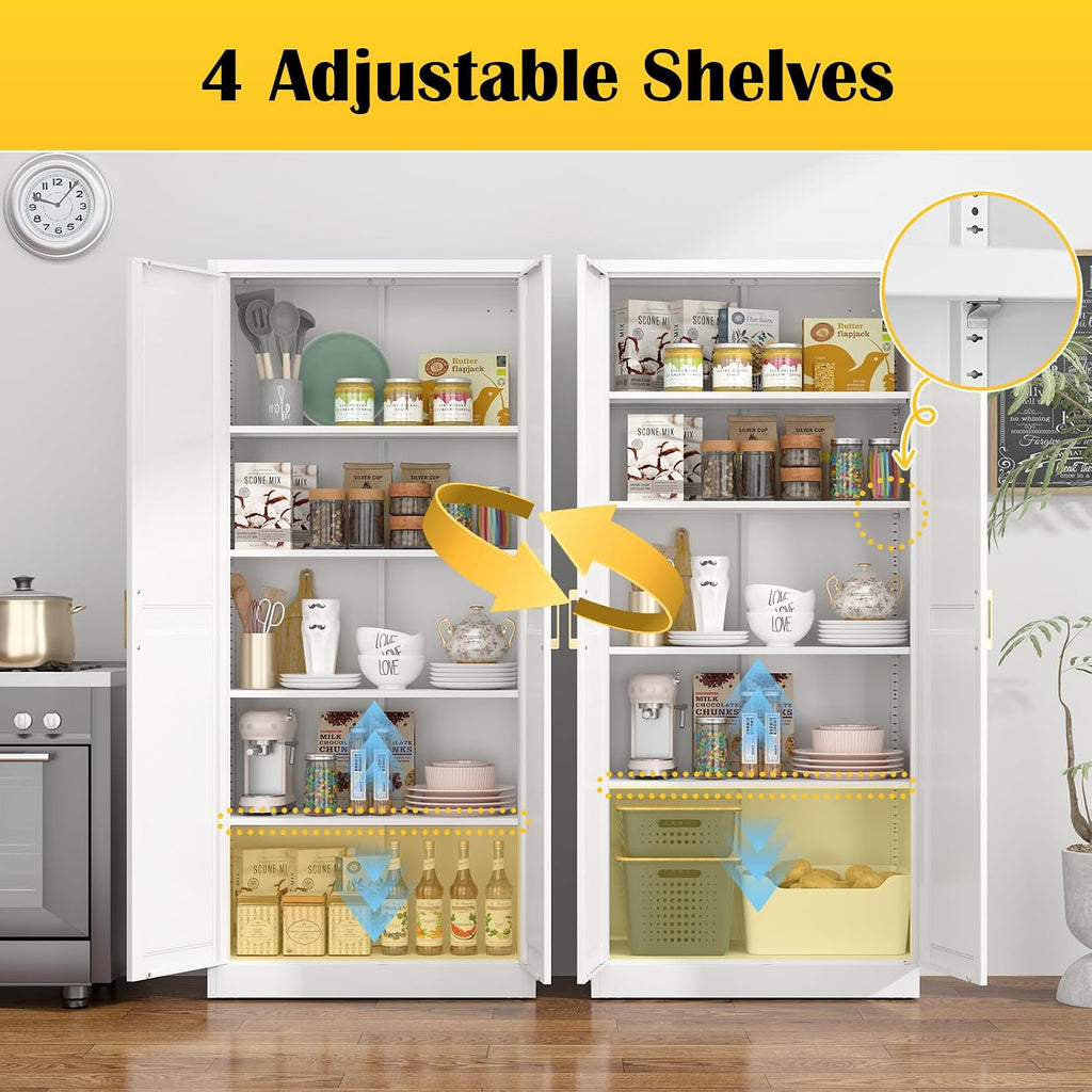 Steeloong 71"Metal Pantry Storage Cabinet with Doors & 4 Adjustable Shelves | Kitchen Pantry Cabinet,White Kitchen Cabinet with 2 Gold Handles,Tall Cabinet for Livingroom,Pantry, Bathroom,Kitchen