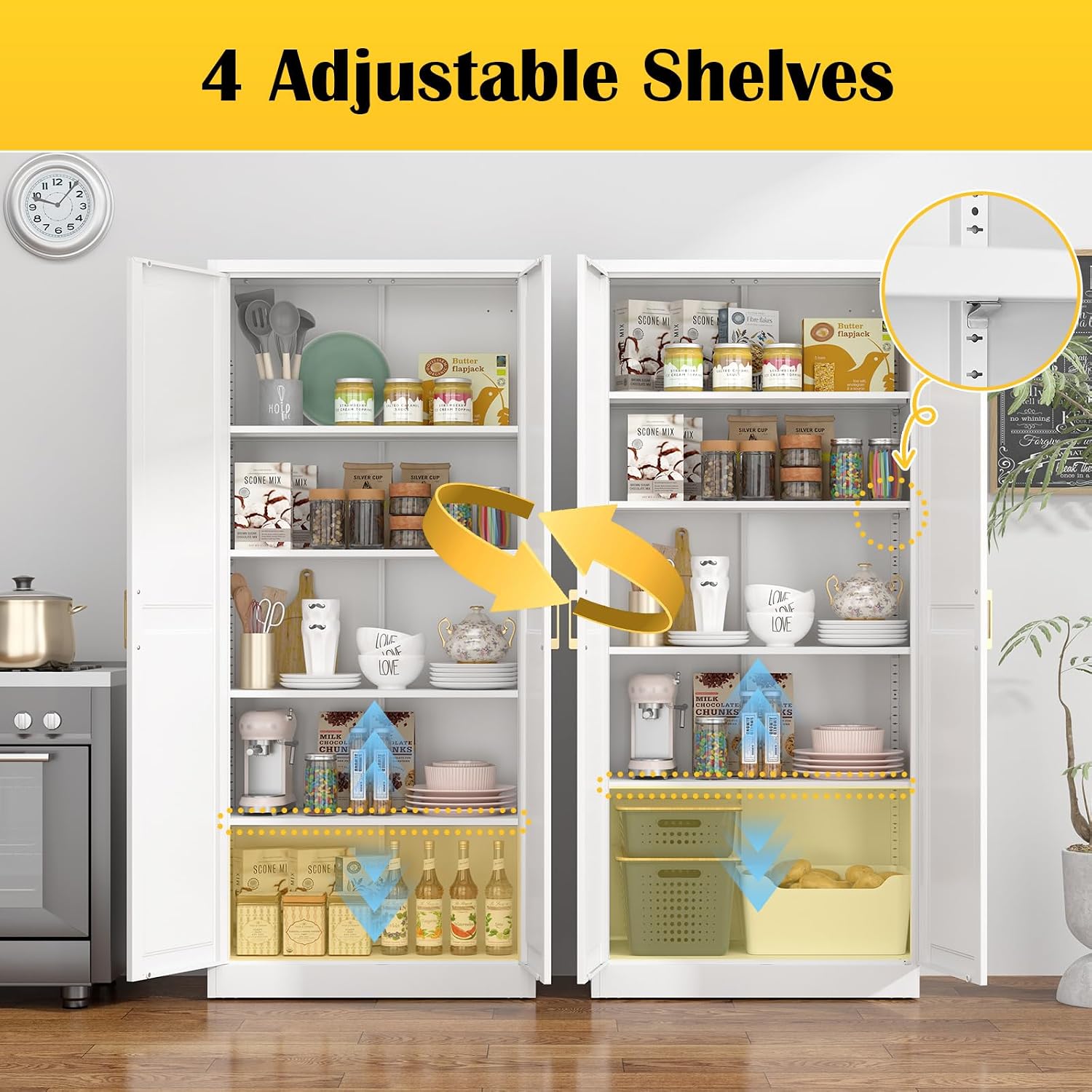 Steeloong 71"Metal Pantry Storage Cabinet with Doors & 4 Adjustable Shelves | Kitchen Pantry Cabinet,White Kitchen Cabinet with 2 Gold Handles,Tall Cabinet for Livingroom,Pantry, Bathroom,Kitchen