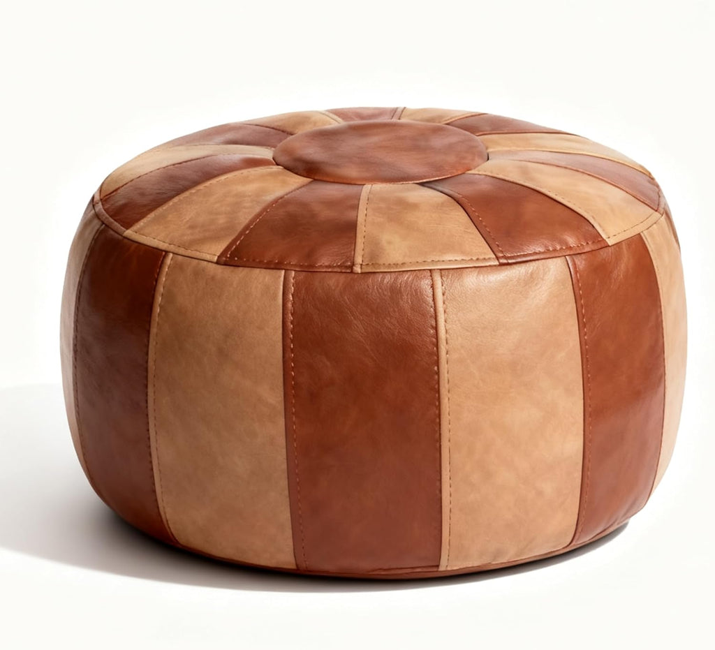 Thgonwid Unstuffed Moroccan Storage Pouf Foot Stool Ottoman Seat Handmade Faux Leather Bean Bag Floor Chair Foot Rest for Living Room, Bedroom or Balcony (Brown & Khaki)