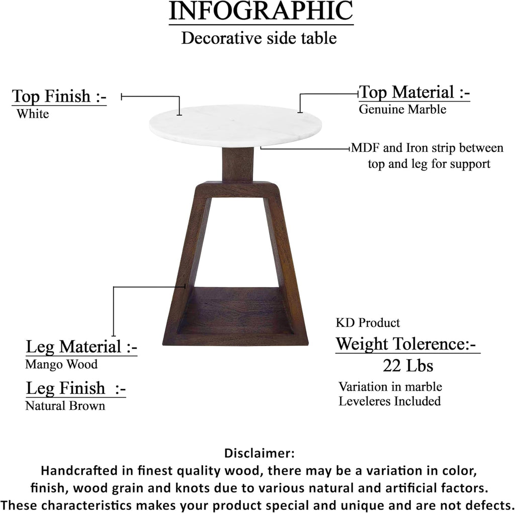 Port Blair Side End Table, 16.5 Inch Height, Round White Genuine Marble Top, Handcrafted Mango Wood Base, Modern Accent Table for Living Room, Bedroom, Entryway and Home Decor Display
