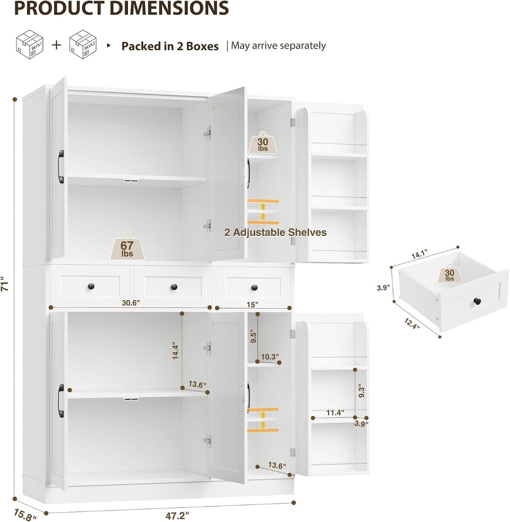 HITHOS 71" Tall Kitchen Pantry Storage Cabinet w/Drawers & Shelves, White | 47"W Kitchen Pantry Cabinet with Swing Out Doors, Large Wood Storage Cabinet, Modern Deep Food Pantry, Living Room