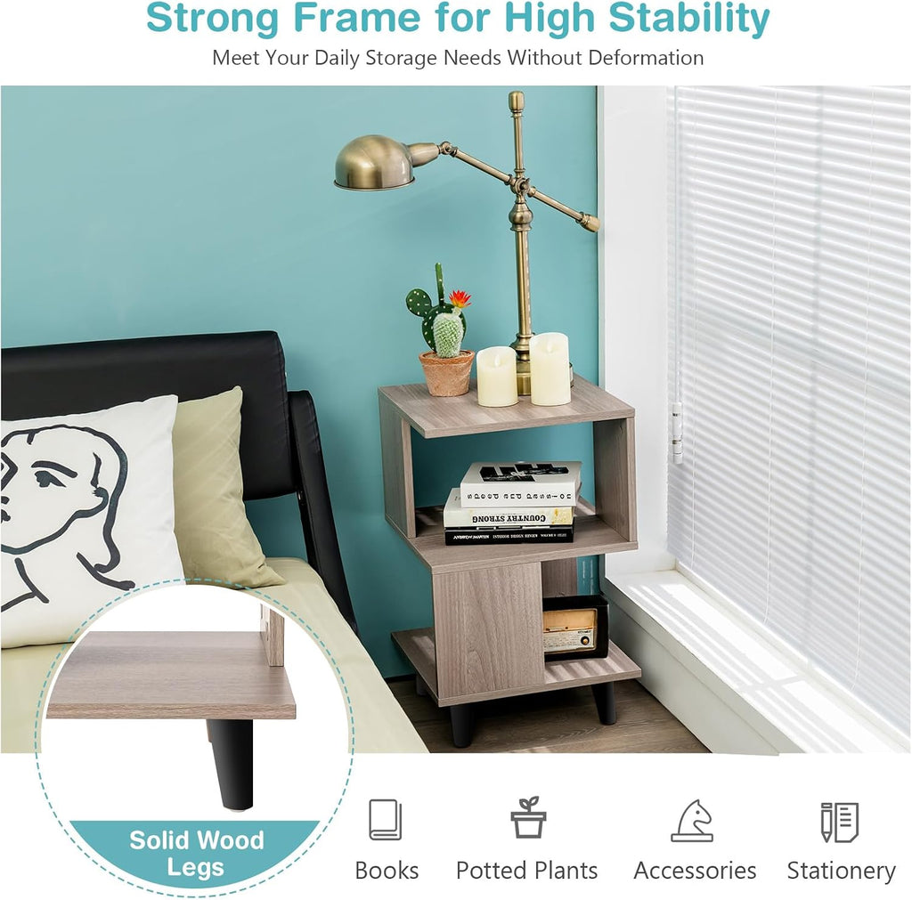 Giantex End Table, Wood Nightstand with Legs, Accent Sofa Side Table Open Storage Shelves, Small Bookcase for for Living Room Bedroom Study Room (Light Grey)