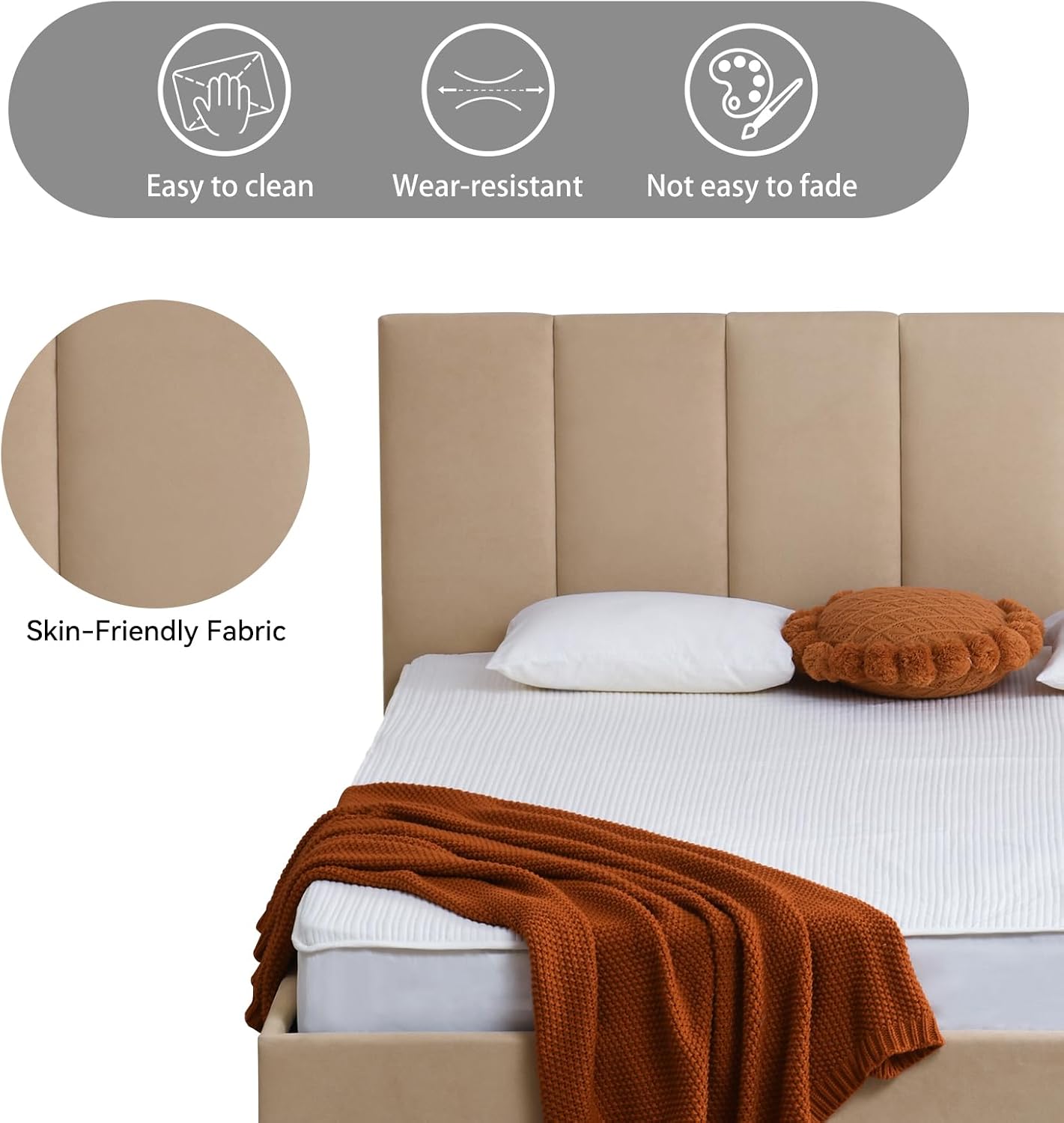 VELOCAVA King Size Upholstered Lift-Up Storage Bed, Beige Linen-Look Fabric Bed Frame with Vertical Panel Headboard, Hydraulic Lift Storage, Wooden Slat Support, No Box Spring Needed