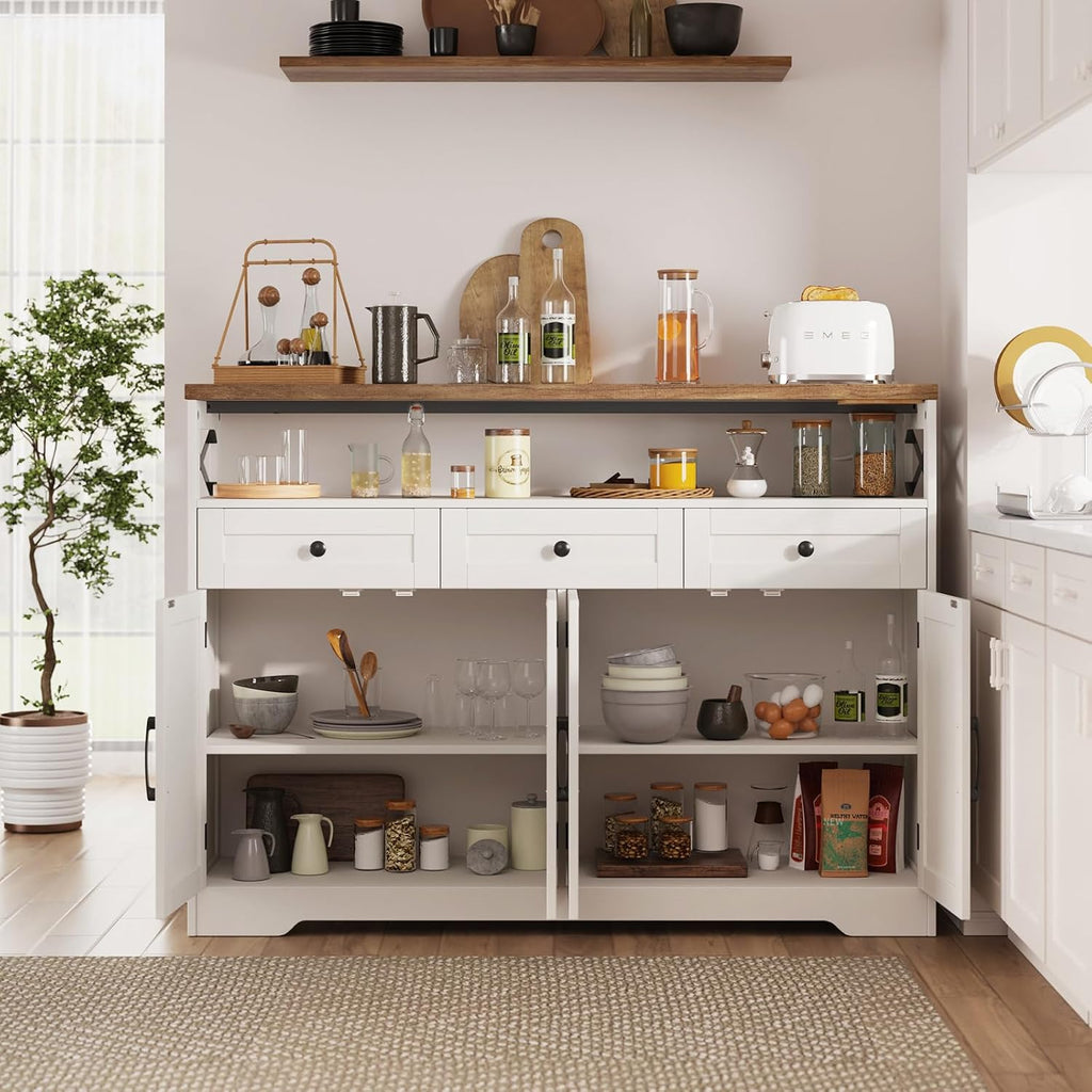 51" Farmhouse Buffet Sideboard Cabinet with Storage, White Kitchen Storage Pantry Cabinet with Drawers, Wood Cupboard Hutch, Coffee Bar Station Table for Kitchen, Living Room, Dining Room