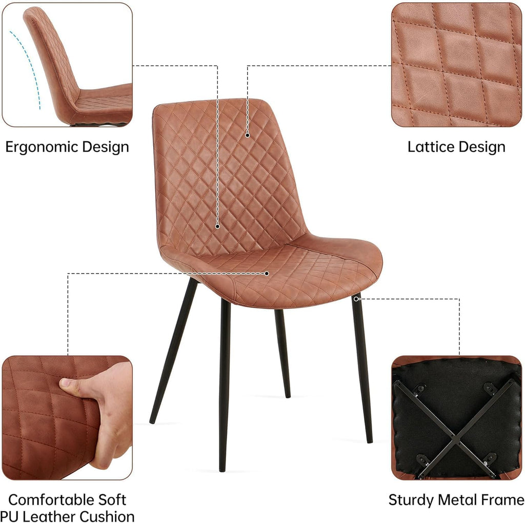 PU Leather Dining Chairs Set of 6, Modern Armless Dining Room Chairs, Comfy Upholstered Kitchen Chairs with Backrest, Black Metal Legs for Living Room, Dinning Room, Brown