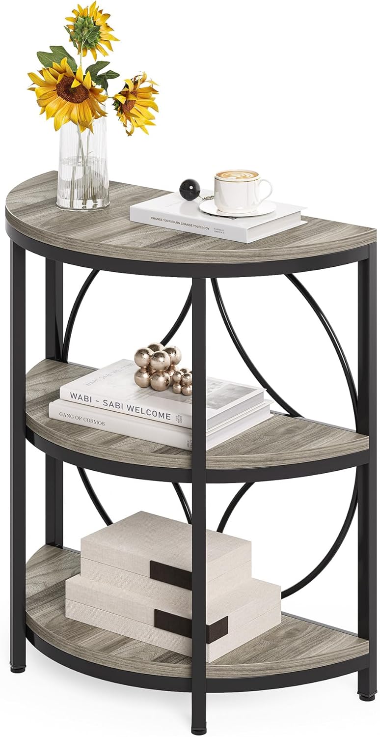 LITTLE TREE Half Moon End Table, Half Round Side Table for Living Room, 3-Tier Half Circle Night Stand for Bedroom, Grey Small Wood Accent Table for Couch, Sofa, Bed