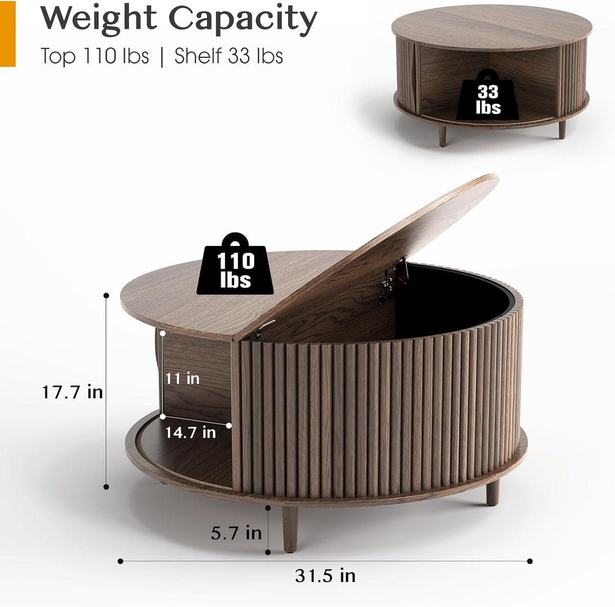 JOINICE,Round Coffee Table with Storage, 31.5" Fluted Center Table for Living Room, Modern Walnut Wood Circle Drum Table with Sliding Cabinet Door, Mid Century Furniture for Small Space