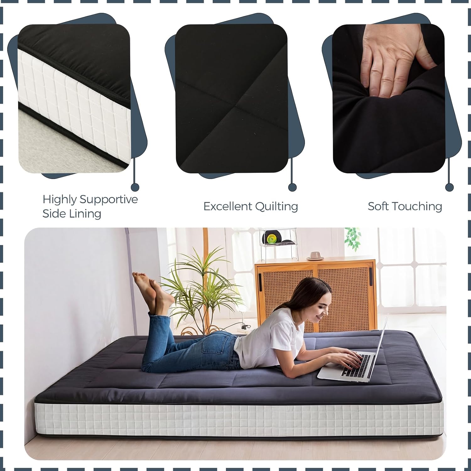 MAXYOYO 6" Extra Thick Floor Futon Mattress, Foldable Japanese Floor Mattress for Adults, Roll Up Tatami Pad for Guest Room, Black, Queen