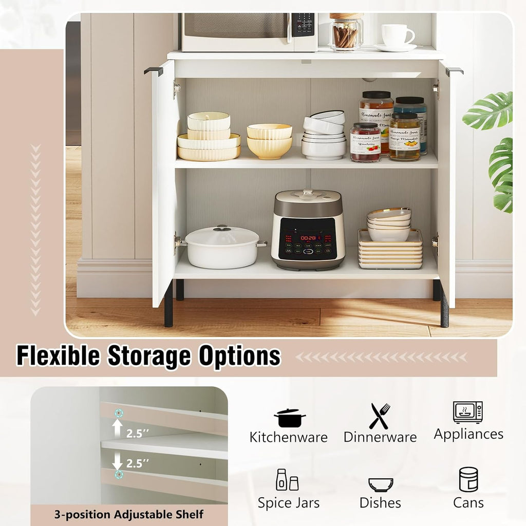 LOKO 64.5” Tall Kitchen Pantry Cabinet, Buffet Sideboard with Charging Station, Modern Wine Bar Cabinet with Wine Glass Rack, Kitchen Hutch Cupboard for Dining Room, Living Room (White)