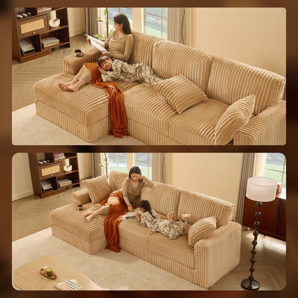 GOSUHI 113" L-Shaped Cloud Couch, Modular Sectional, Deep Seats, Camel | Pocket Spring Cushions, Oversized 3-Seater, Left Facing Chaise, Corduroy Upholstery Couches for Living Room