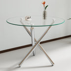 Modern Dining Room Table for 4 People, 36" Round Dining Table with Silver Chrome Metal X-Base, Circle Tempered Glass Dining Room Tables, Small Dining Table Kitchen Tables Dinner Tables