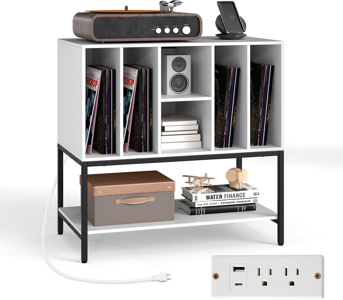 LOKO Record Player Stand with Charging Station, Turntable Stand with Vinyl Storage Holder, Record Storage Table with Metal Frame, Vinyl Display Shelf for Living Room, Music Room (White)
