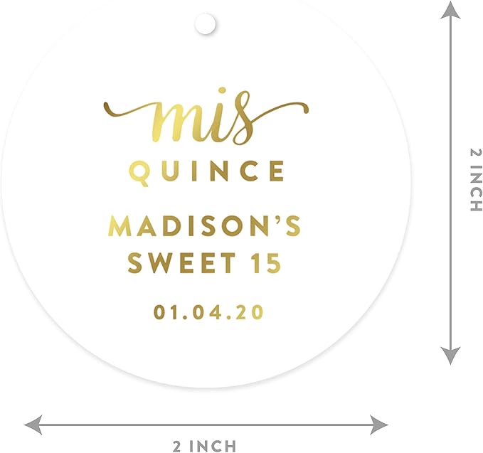 Andaz Press Personalized Round Circle Birthday Gift Tags, Metallic Gold Ink, Sweet 15 Birthday, Mis Quince Quinceanera, 24-Pack, Custom Made Name, Gold Party Supplies
