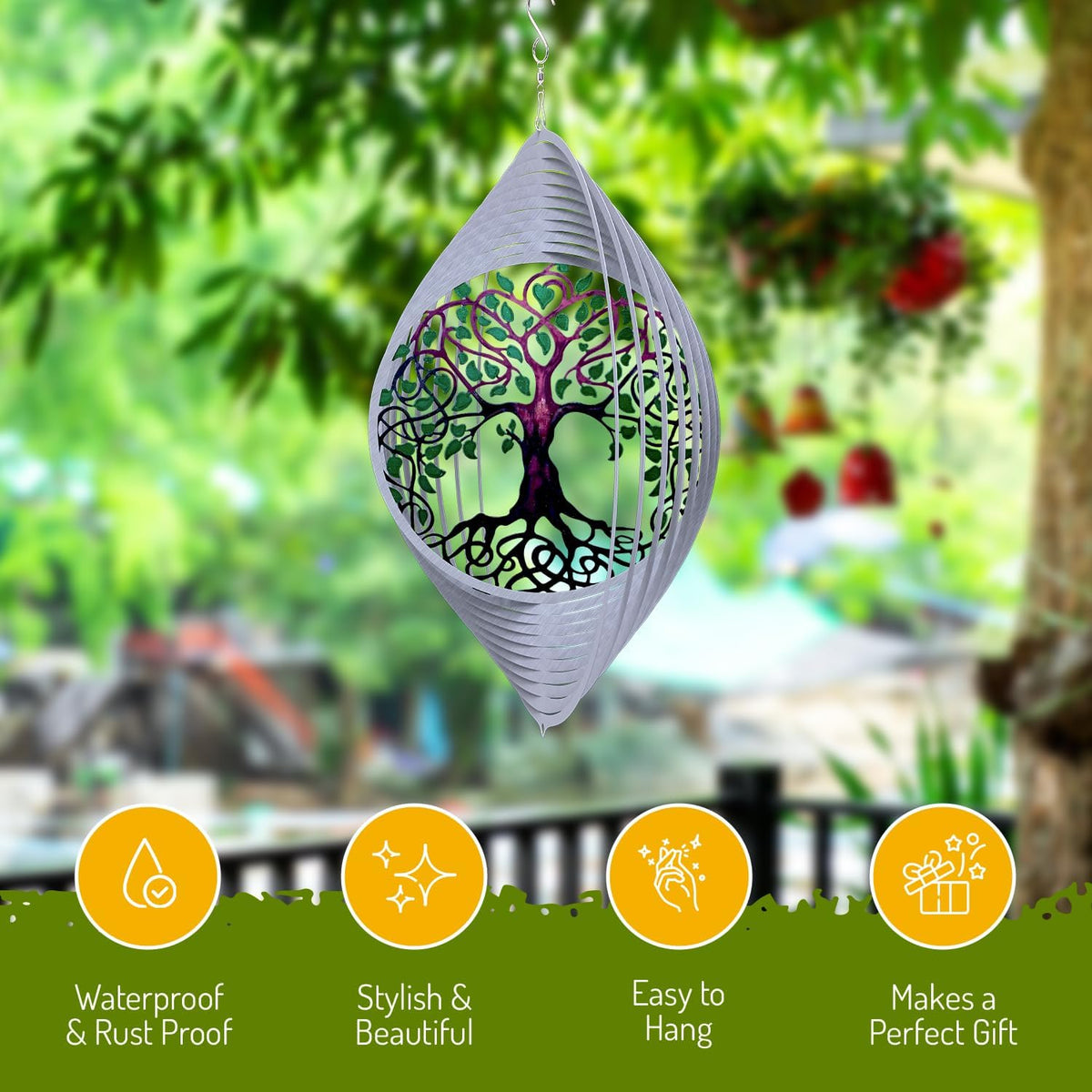 ISEO Tree of Life Wind Spinner for Yard and Garden, Hanging Outdoor Decor, Yard Art, Porch and Patio Decorations, Metal Wind Spinners Outdoor, Weather Resistant, 12”