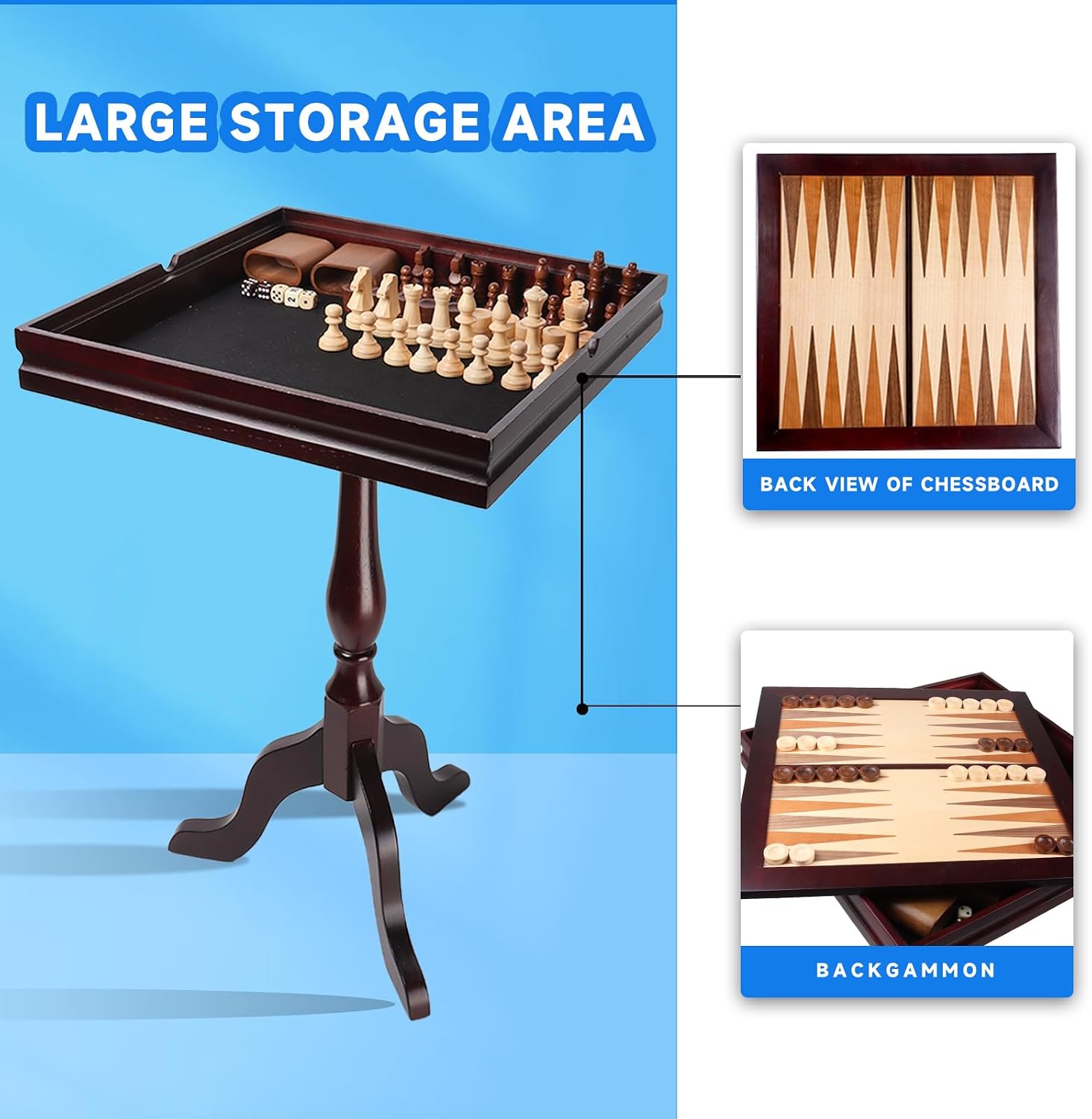 GSE Wooden 3-in-1 Chess Checkers Backgammon Game Table Set with Game Pieces | Game Room Furniture Table, Board Game Table, Removable Table Top, Large Storage Area, For Family Board Games