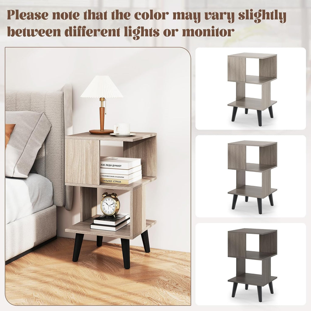 GOFLAME 3-Tier End Table Set of 2, Wood Sofa Side Table with Open Storage Shelves, Plastic Legs, Geometric Bedside Table, Modern Nightstand for Living Room, Bedroom, Small Spaces, Gray