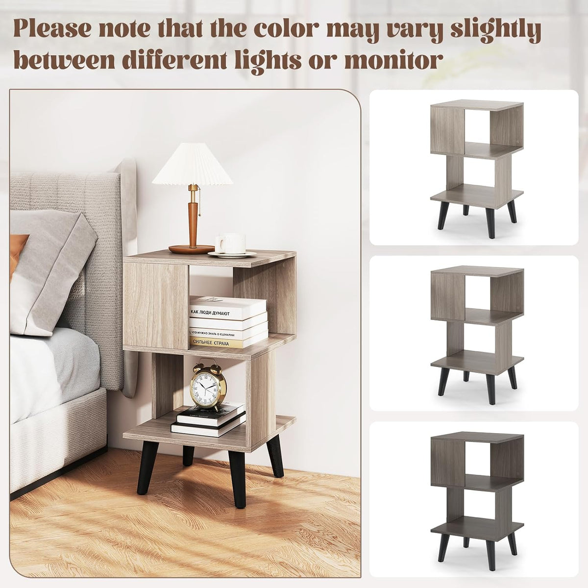 GOFLAME 3-Tier End Table Set of 2, Wood Sofa Side Table with Open Storage Shelves, Plastic Legs, Geometric Bedside Table, Modern Nightstand for Living Room, Bedroom, Small Spaces, Gray