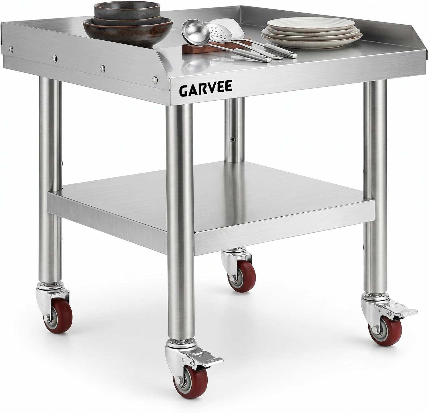 Garvee Stainless Steel Equipment Stand 24x24 Inch with Wheels Mobile Commercial Grill Table NSF Certified Heavy Duty with Adjustable Undershelf and Casters