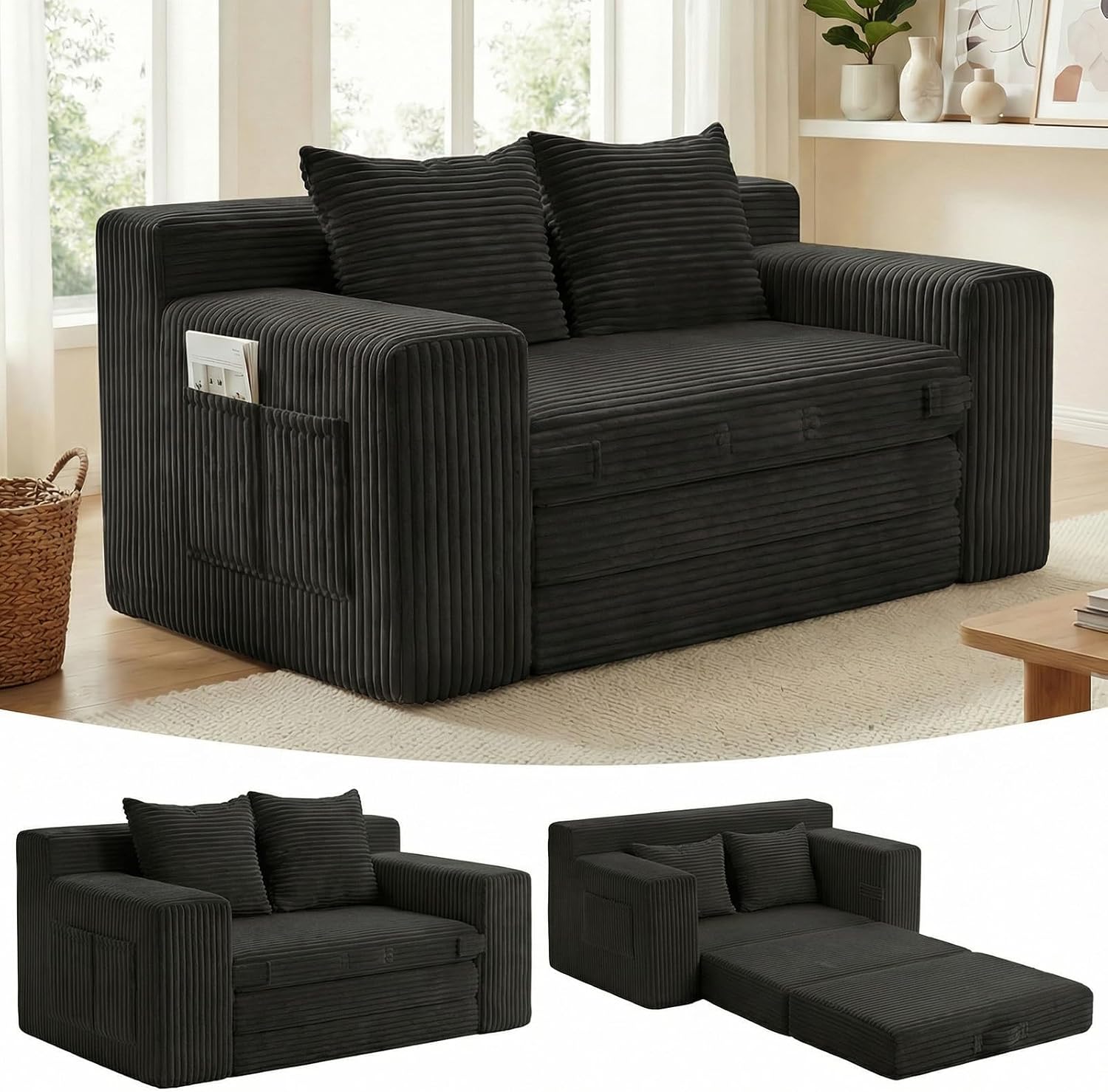 Couch, Loveseat Sleeper Sofa Bed – 3-in-1 Convertible Couch Bed with Side Pockets & Handle,Pull Out Corduroy Futon for Small Space,Living Room & Bedroom,2 Pillows Included,No Assembly