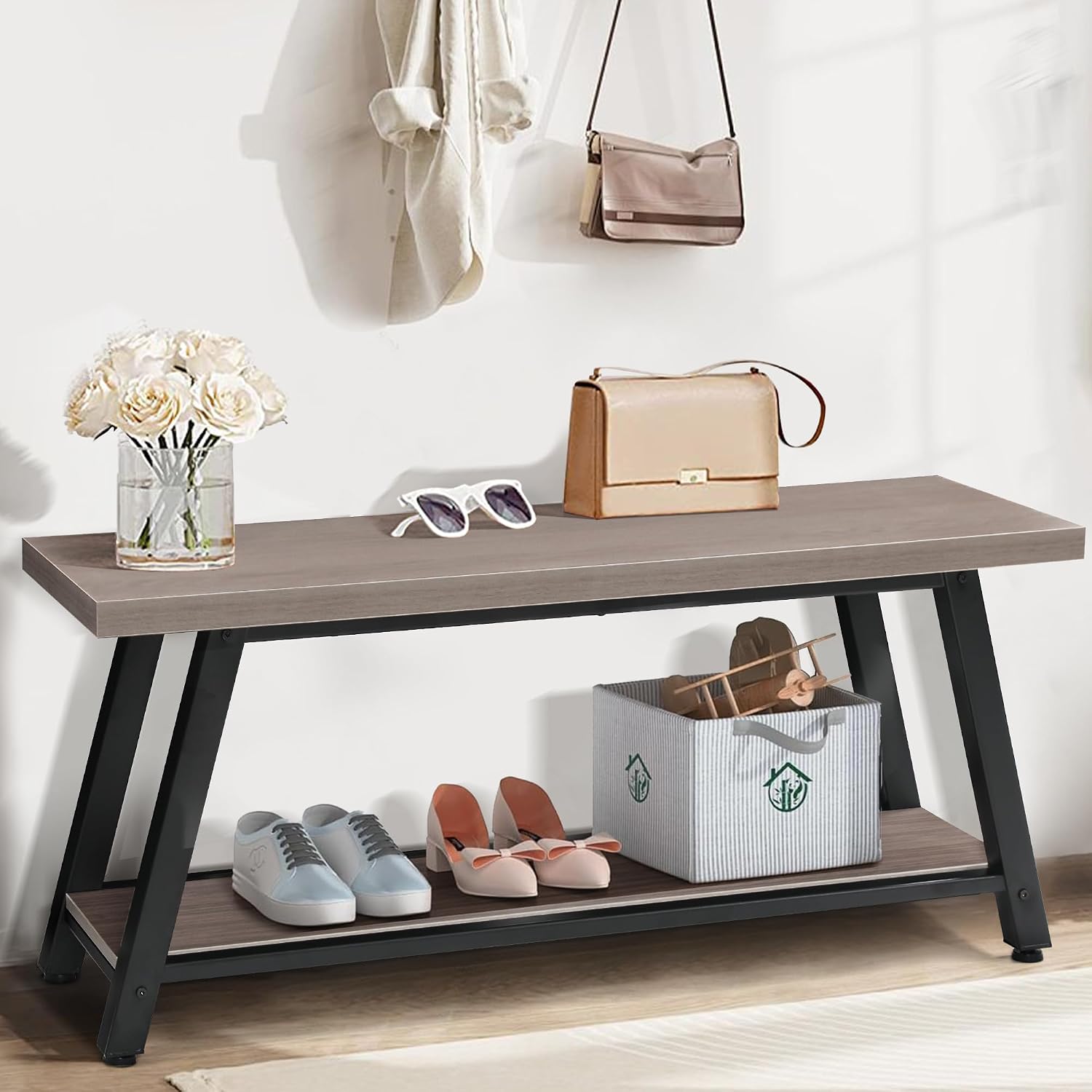 43" Wood Long Modern Farmhouse Entryway Bench, Wood Bedroom End of BedBench, Vintage Mid Century Rustic Style, Perfect for Mudroom, Storage, Living Room, Light Grey