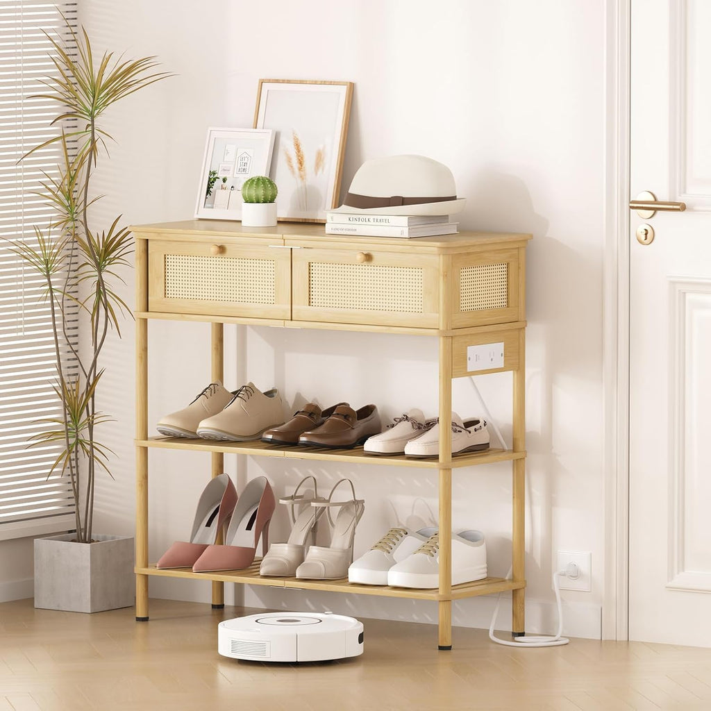 Entryway Table Sofa Console Table, Bamboo Small Entry Way Table with Drawers Storage and Power Outlets for Living Room, Hallway, Foyer, Entrance