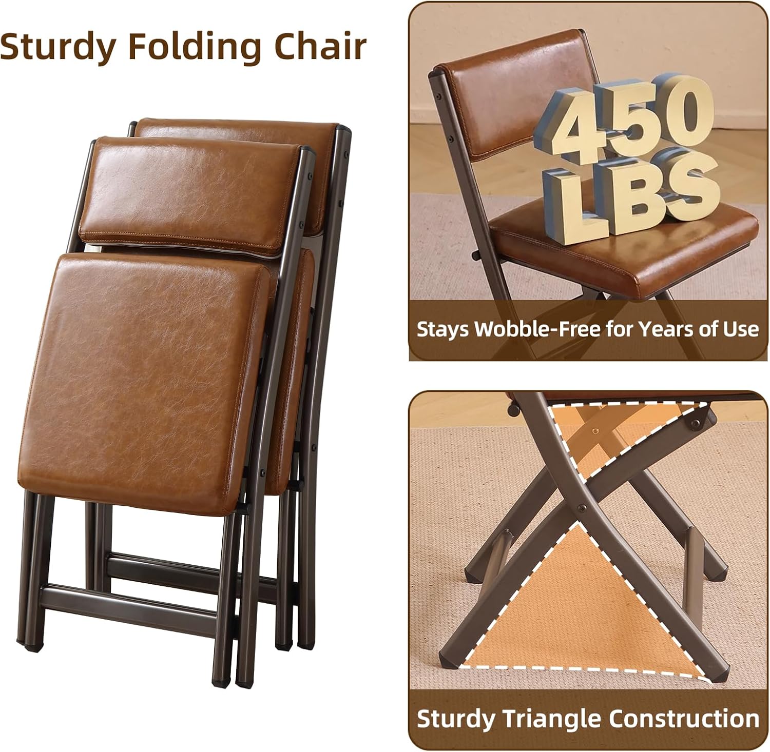 Folding Chairs with Cushion 2 Pack, High-Resilience Foam, Yellowish-brown | 450LBS Capacity, 2-Inch Thick Cushion, 4.7" Folded, Foldable Dining Chairs for Kitchen Dining Room Wedding Office Party