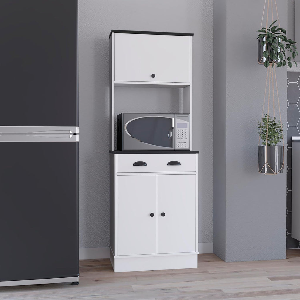 Apex Kitchen Pantry 66.3" H with Drawer, 2 Cabinets, and Microwave Stand, White/Black