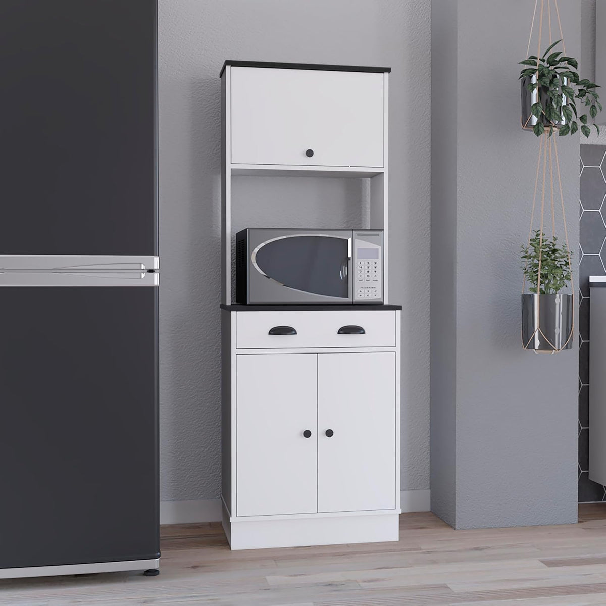 Apex Kitchen Pantry 66.3" H with Drawer, 2 Cabinets, and Microwave Stand, White/Black