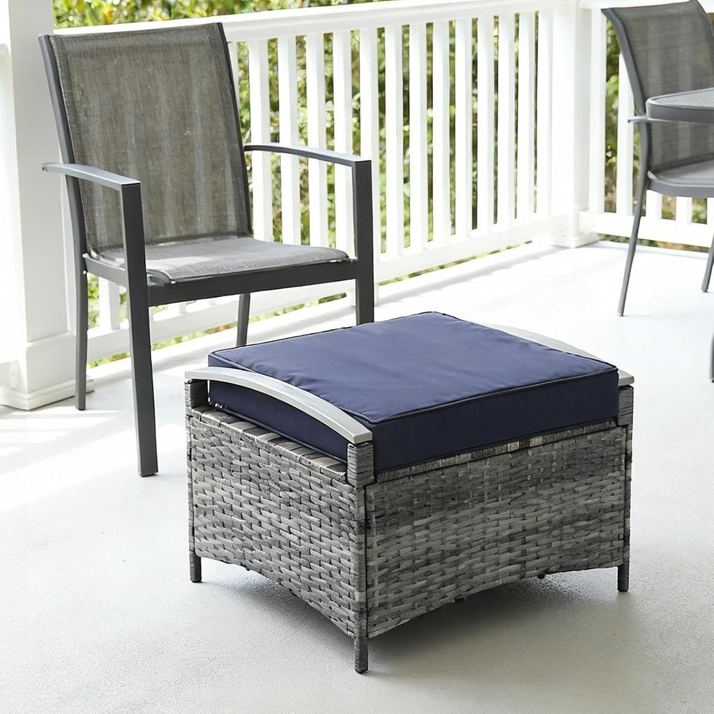 VINGLI 2 Pieces Outdoor Ottoman with Storage, Wicker Ottoman Patio Furniture w/Removable Cushion, Multipurpose Footrest Stool for Outdoor (Grey)
